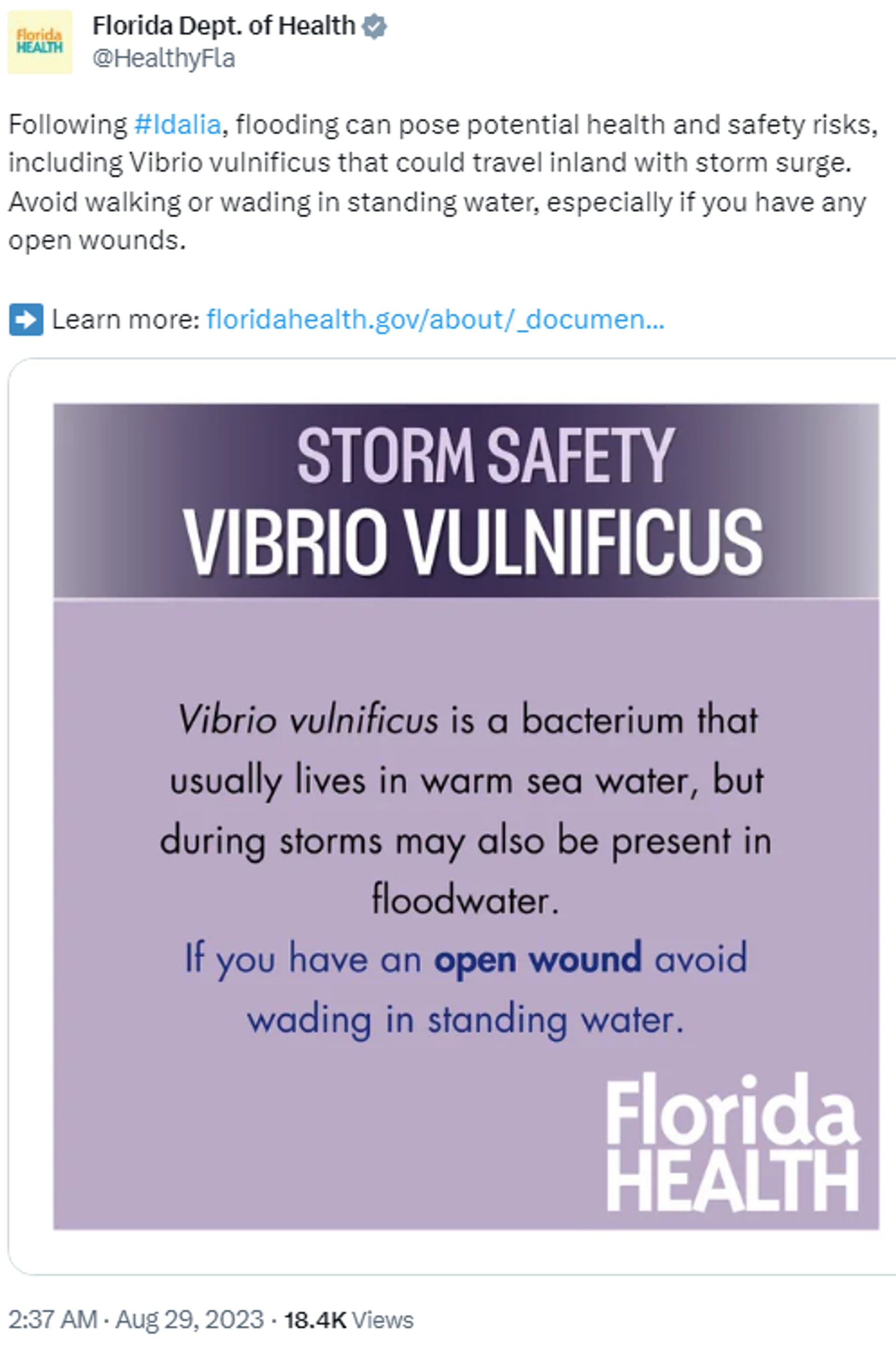 X Screenshot of health alert issued in Florida by the Department of Health over safety risks linked to flesh-eating Vibrio vulnificus bacteria.  - Sputnik International, 1920, 02.09.2023