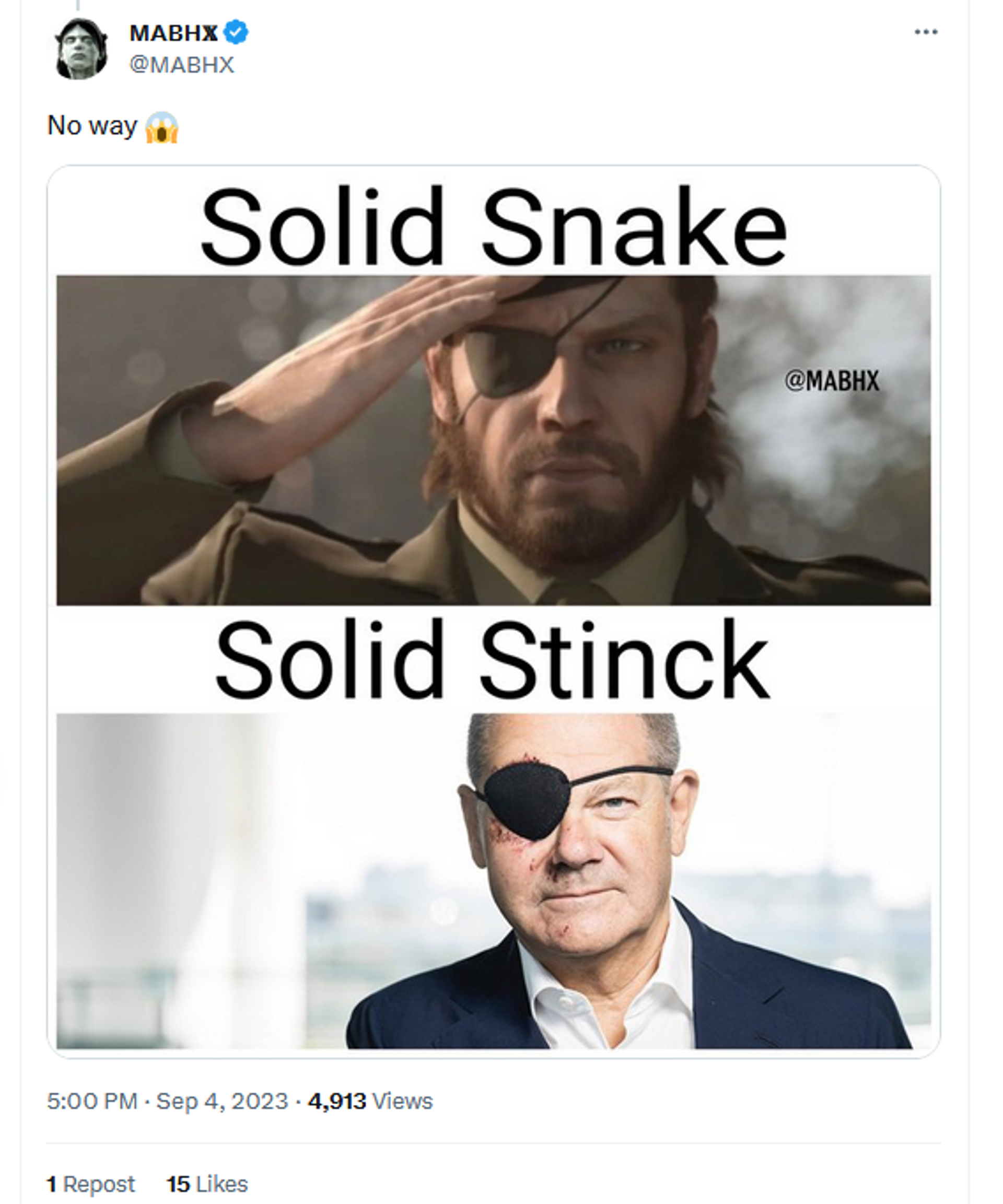 Meme featuring German Chancellor Olaf Scholz and Solid Snake from the Metal Gear Solid series. Stinck means Stuck in German. - Sputnik International, 1920, 04.09.2023