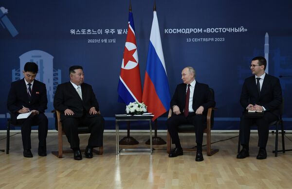 President Putin and Chairman Kim hold talks at the Vostochny Cosmodrome, September 13, 2023. - Sputnik International
