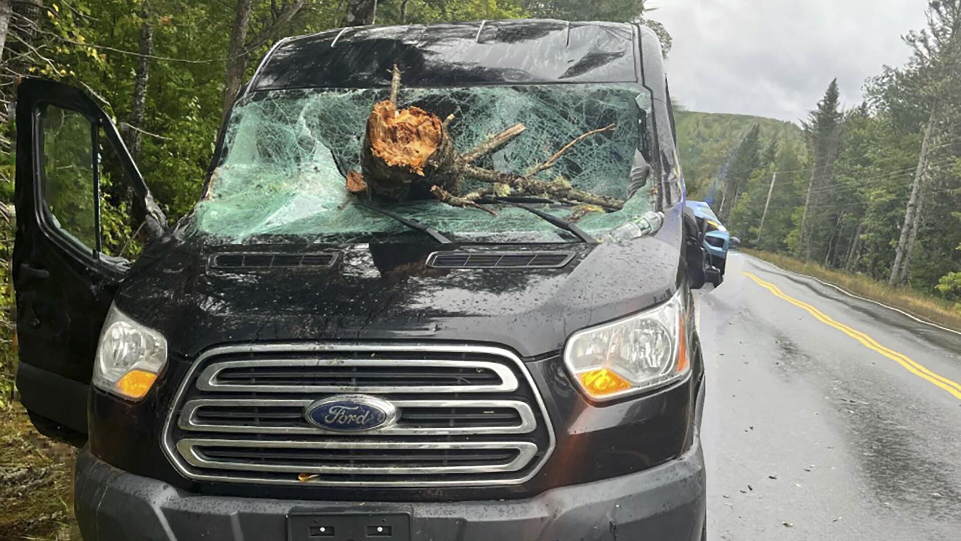This image provided by Maine State Police shows the vehicle of an Ohio driver who suffered minor injuries Saturday, Sept. 16 2023 after tree downed by the remnants of tropical storm Lee went through his windshield on Route 11 in Moro Plantation, Maine, according to Maine State Police. John Yoder, 23, of Apple Creek, Ohio attempted to stop but couldn’t avoid the tree. Yoder suffered minor cuts but the other five passengers in the van were not injured. Police blamed high winds for the downed tree.  - Sputnik International, 1920, 18.09.2023