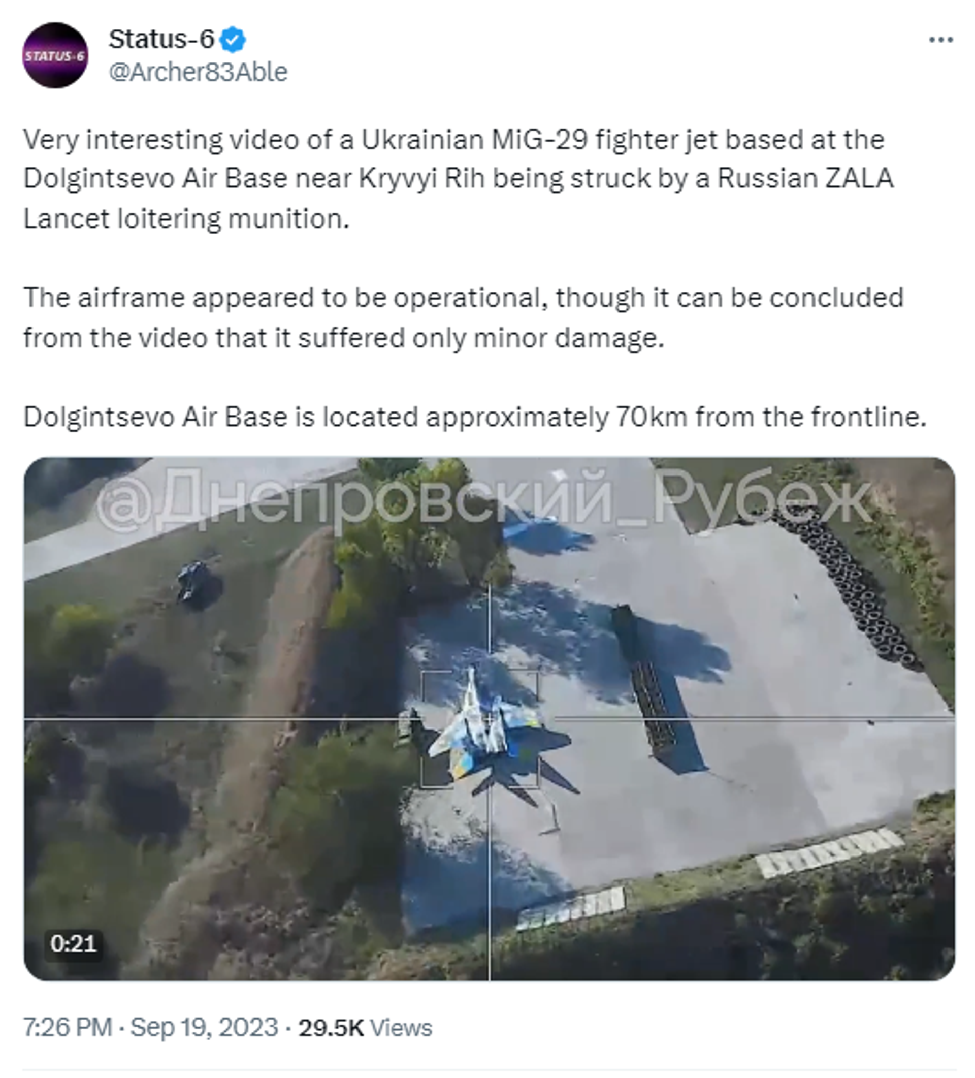 Screenshot of X post showing footage of a Ukrainian MiG-29 fighter jet at the Dolgintsevo Air Base allegedly being struck by a Russian ZALA Lancet loitering munition. - Sputnik International, 1920, 20.09.2023