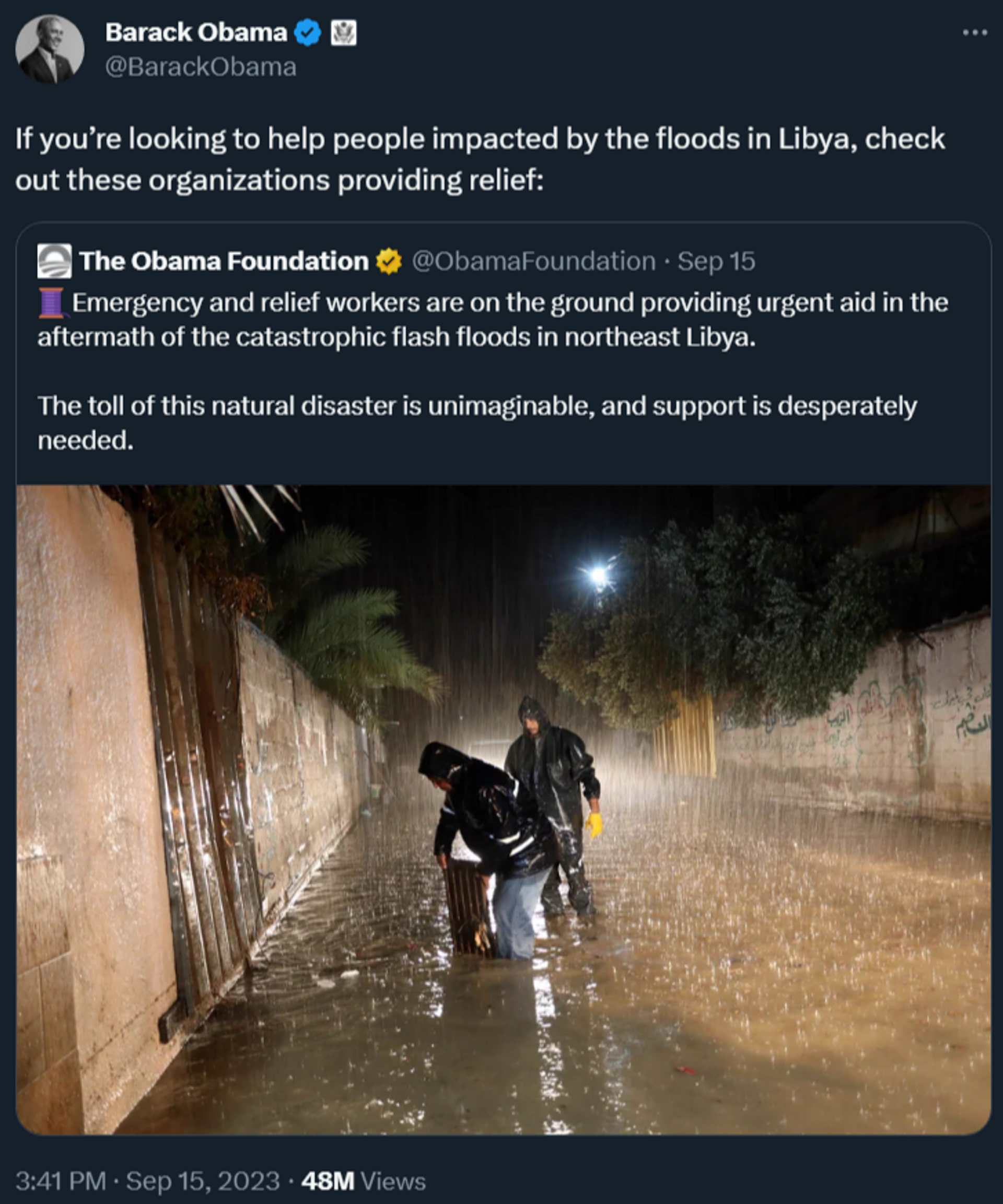 Former US president Barack Obama urges his followers on X, formerly Twitter, to donate to British and US charities following the deadly floods in Libya - Sputnik International, 1920, 20.09.2023