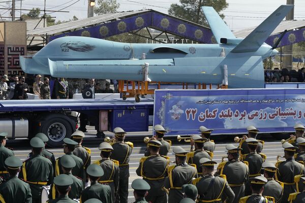 Iran&#x27;s Air Force Kaman-22 drone is carried on a truck during an annual military parade. Kaman 22 is believed to be capable of flying up to 3000 km with 300 kg of explosives on it. - Sputnik International