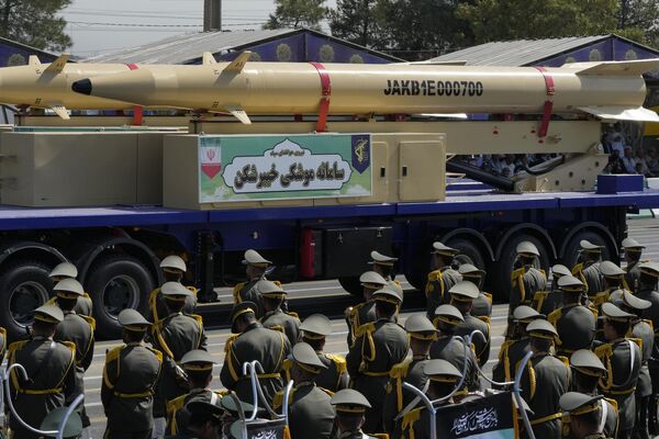 &quot;Khaibar-buster&quot; missiles are carried on a truck. The missiles were introduced in 2022 with a range of over 1400 km.  - Sputnik International