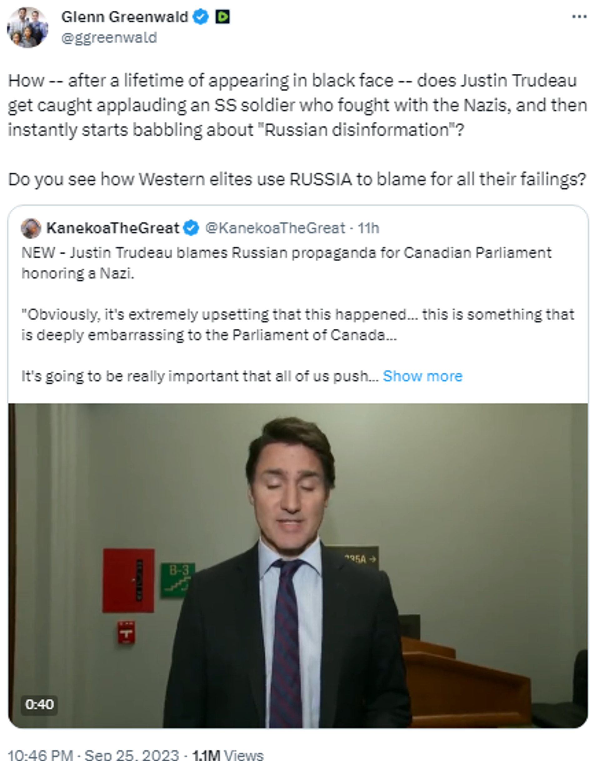 Screenshot of X post by American journalist Glenn Greenwald featuring link to footage of Prime Minister Justin Trudeau blaming Russian disinformation for a Ukrainian Nazi veteran being honored in the Canadian parliament. - Sputnik International, 1920, 26.09.2023