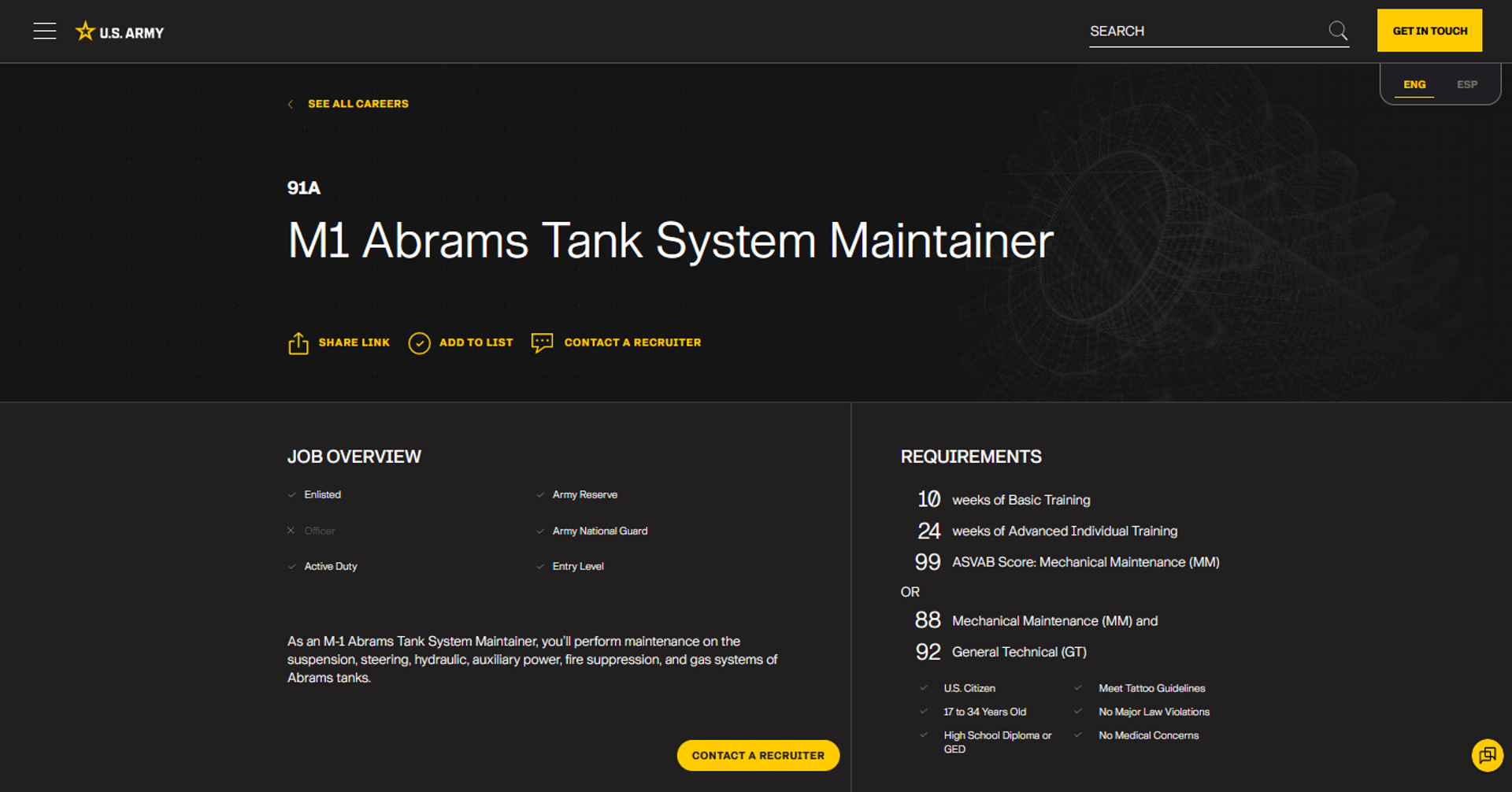 Screenshot of US Army website listing requirements for the position of M1 Abrams Tank System Maintainer. - Sputnik International, 1920, 28.09.2023