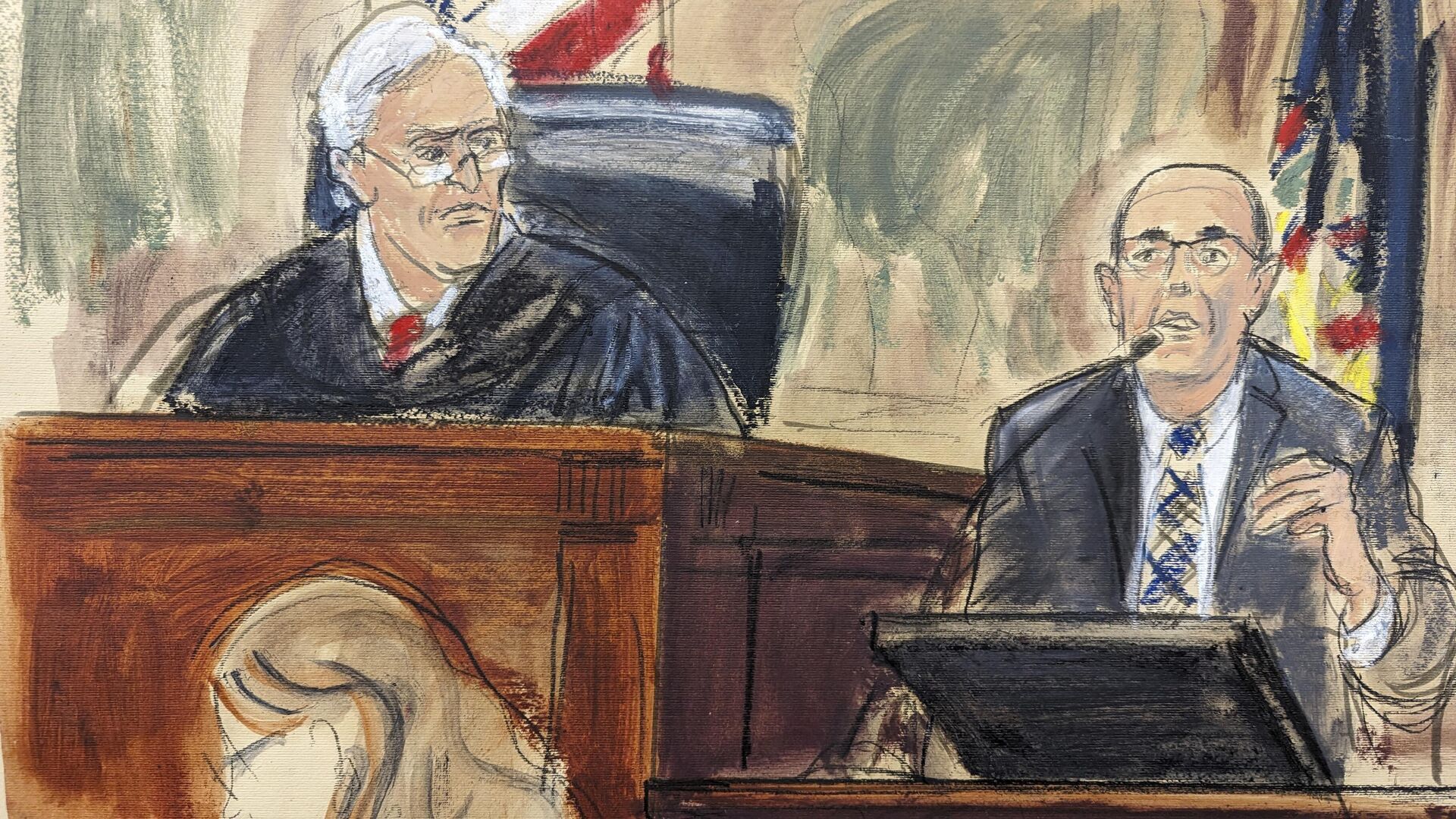 This courtroom sketch shows Judge Arthur Engoron, left, listening to testimony from accountant Donald Bender, right, during the fraud lawsuit trial of former President Donald Trump, Monday, Oct. 2, 2023, in New York. (AP Photo/Elizabeth Williams) - Sputnik International, 1920, 03.10.2023