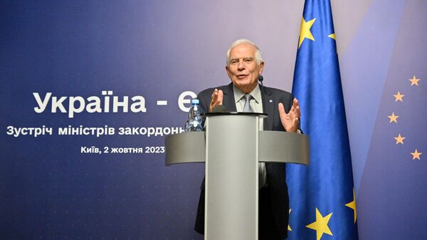 EU High Representative for Foreign Affairs and Security Policy Josep Borrell speaks during a joint press conference with Ukrainian foreign minister, following the EU-Ukraine foreign ministers' meeting in Kyiv, on October 2, 2023. - Sputnik International