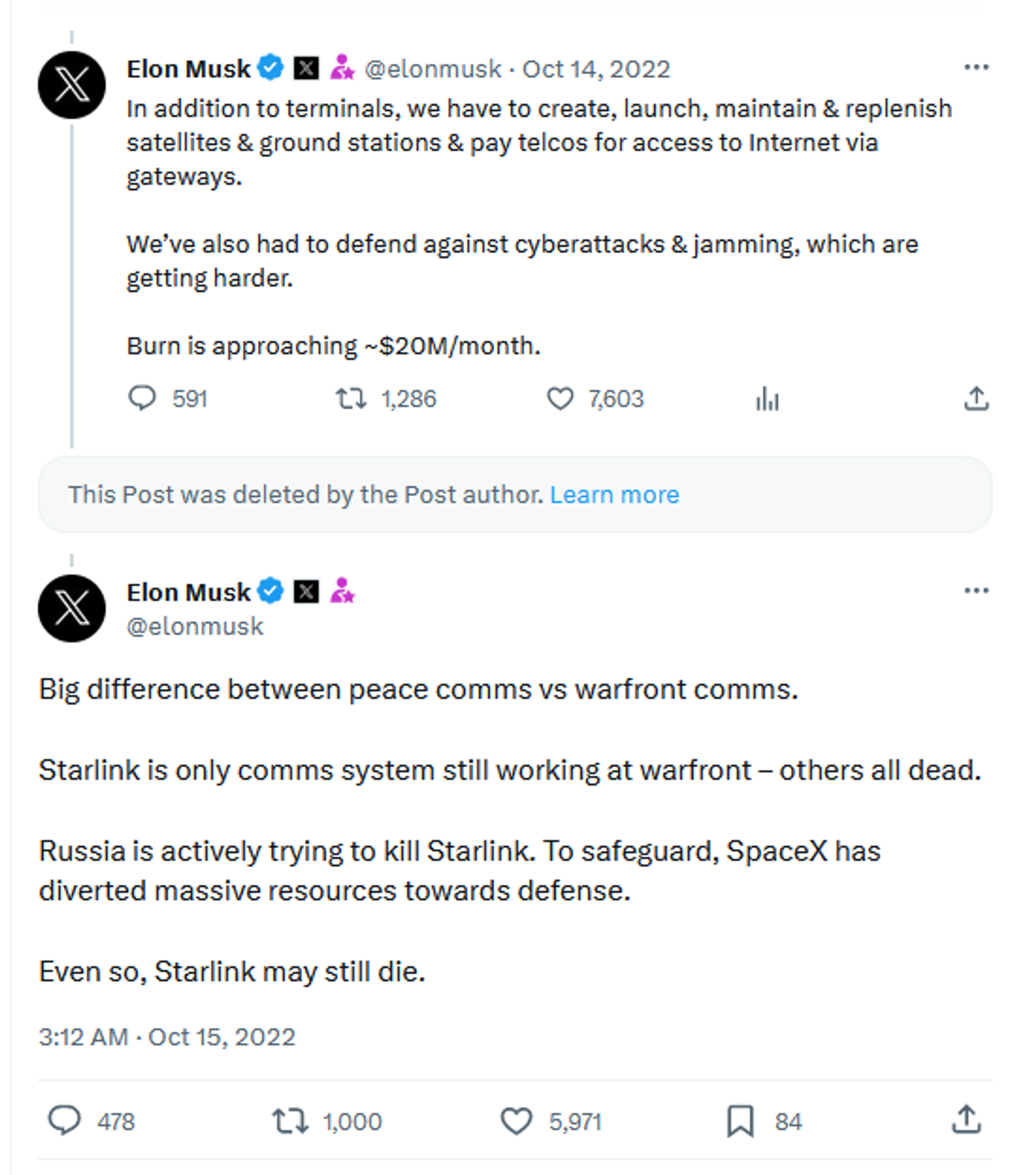 Elon Musk tweet referring to Russian efforts to jam Starlink. - Sputnik International, 1920, 04.10.2023
