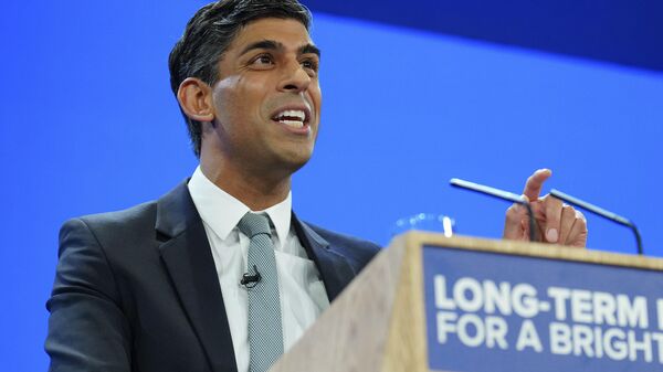 British Prime Minister Rishi Sunak speaks at the Conservative Party annual conference at Manchester Central convention complex in Manchester, England, Wednesday, Oct. 4, 2023. - Sputnik International