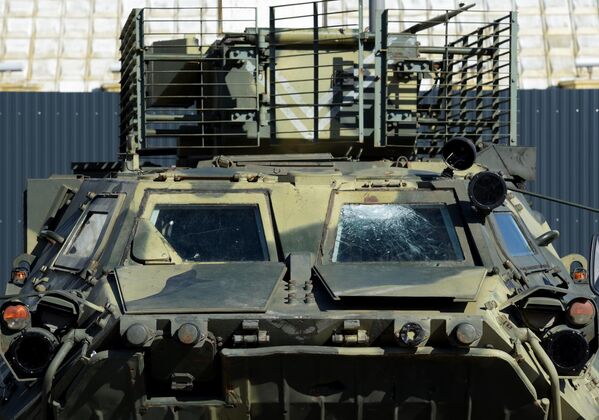 A captured Ukrainian IFV BTR-4E &quot;Bucephalus&quot; exhibited at the Republican Station Complex in Lugansk. - Sputnik International