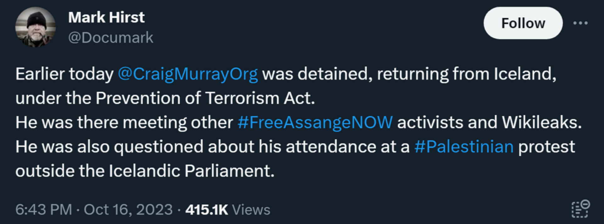 Independent journalist Mark Hirst tweets that his colleague Craig Murray has been arrested on returning from Iceland on Monday October 16, 2023 - Sputnik International, 1920, 17.10.2023