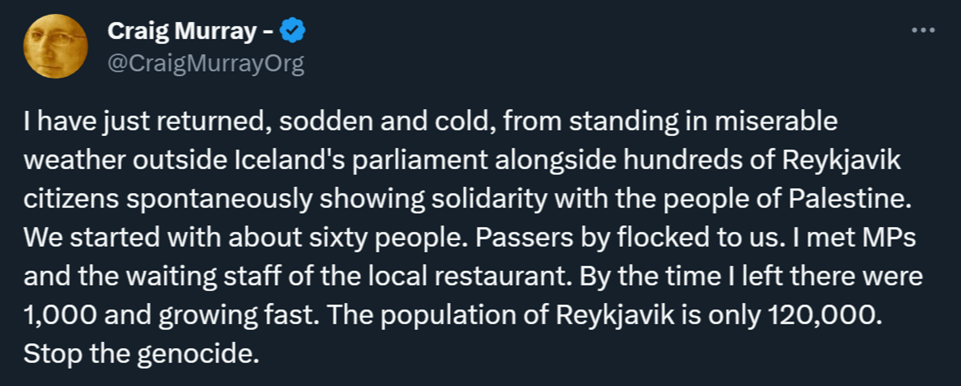 British former diplomat and peace campaigner Craig Murray tweets about his attendance of a Palestine solidarity rally in the Icelandic capital Reykjavik - Sputnik International, 1920, 17.10.2023