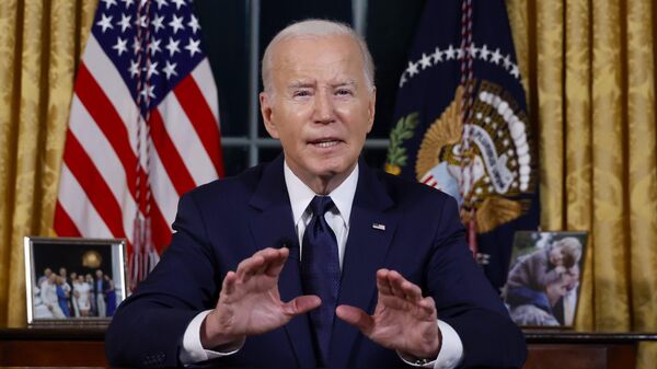 President Joe Biden speaks from the Oval Office of the White House Thursday, Oct. 19, 2023, in Washington, about the war in Israel and Ukraine. - Sputnik International