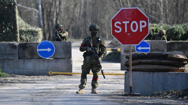 Belarusian paratroopers making up units of the special operations forces stand guard at a road checkpoint near the border with Ukraine  - Sputnik International