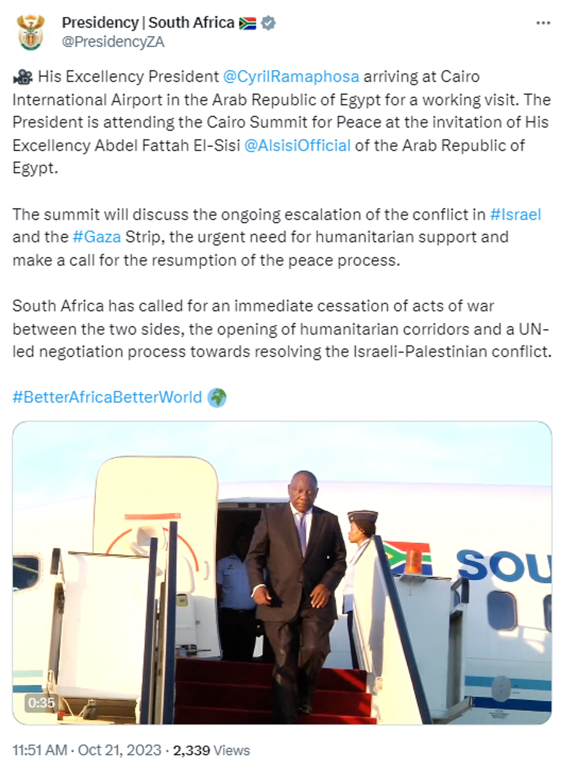 Screenshot of X post showing arrival of South African President Cyril Ramaphosa
 arriving at Cairo International Airport in the Arab Republic of Egypt on October 21, 2023. - Sputnik International, 1920, 21.10.2023