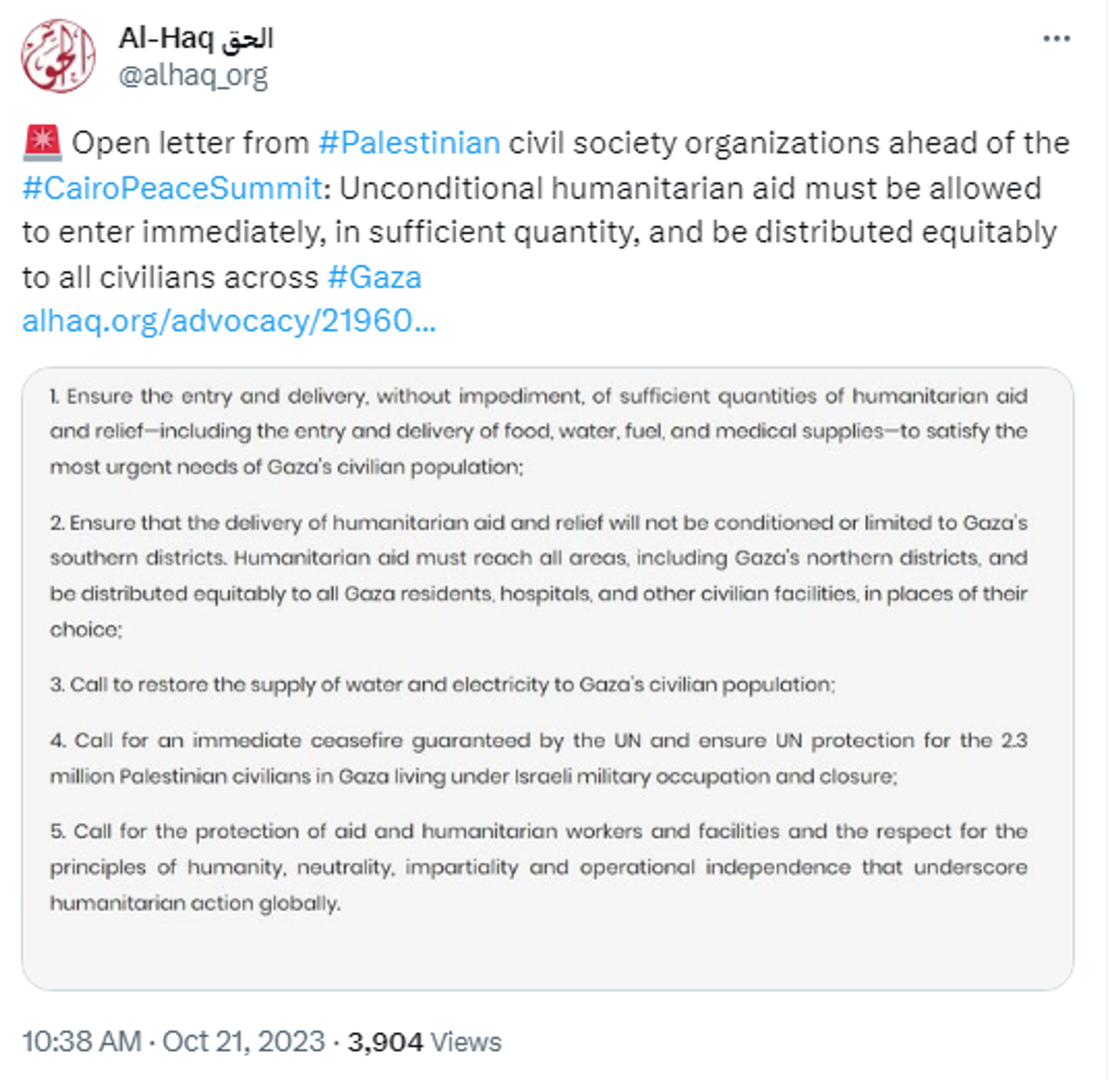 Screenshot of X post featuring Open letter from Palestinian civil society organizations ahead of the Cairo Peace Summit. - Sputnik International, 1920, 21.10.2023