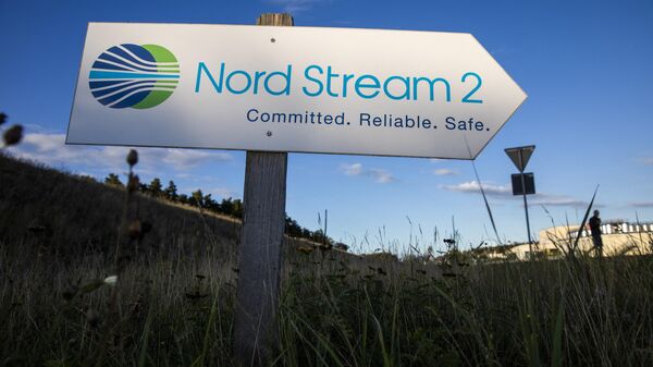 A road sign directs traffic towards the Nord Stream 2 gas line landfall facility entrance in Lubmin, north eastern Germany, on September 7, 2020. - Sputnik International