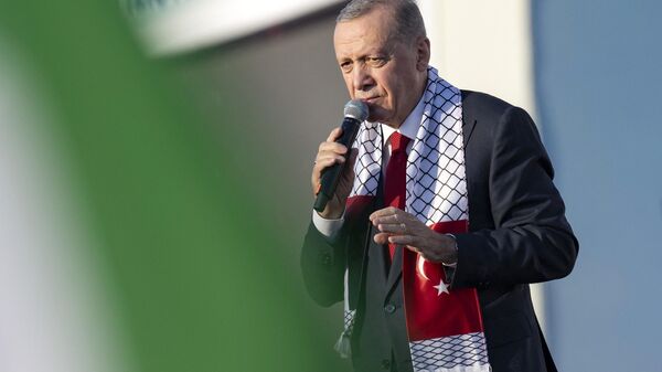 Turkish President Tayyip Erdogan speaks during a rally organised by the AKP party in solidarity with the Palestinians in Gaza, in Istanbul on October 28, 2023. - Sputnik International