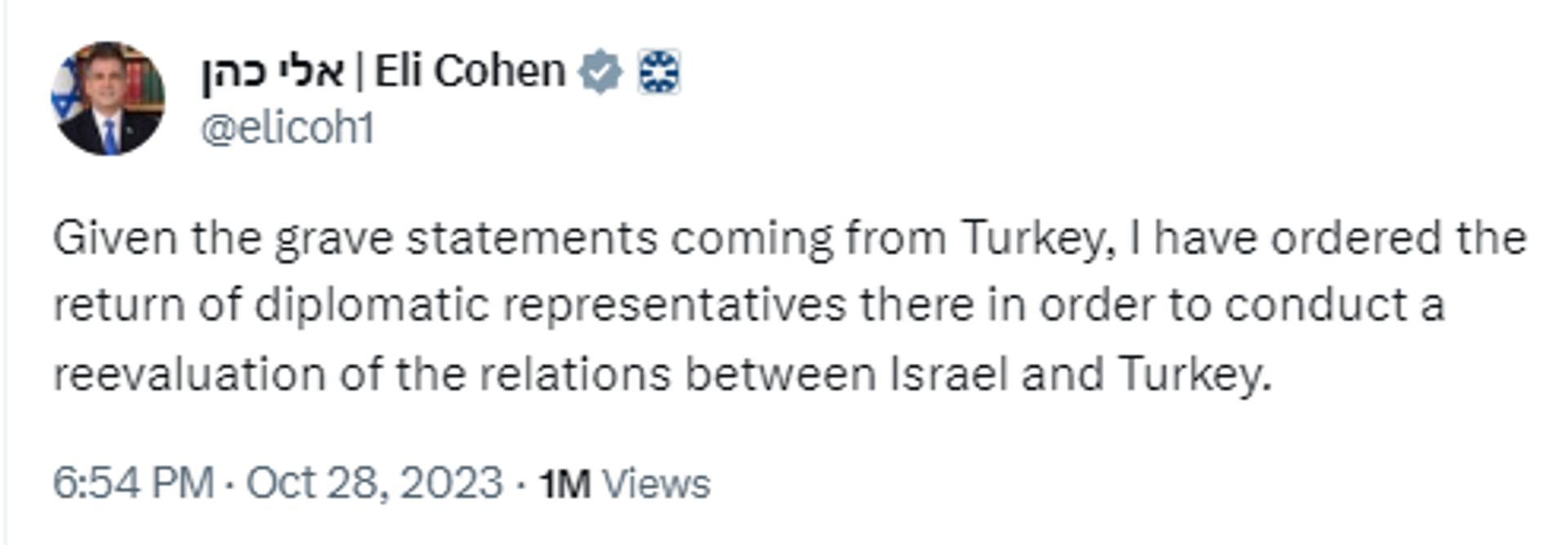 Screenshot of X post by Israeli Foreign Minister Eli Cohen. - Sputnik International, 1920, 29.10.2023