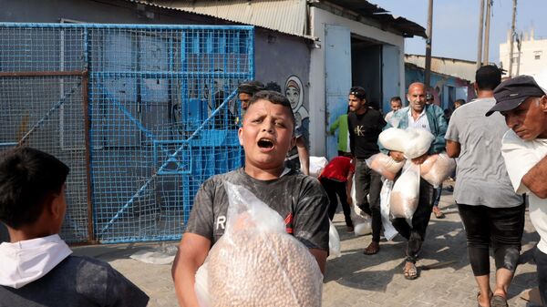A Palestinian boy holds a bag of chickpeas received at the UN humanitarian center in Deir el-Balah. - Sputnik International