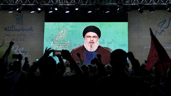 Supporters of the Hezbollah group raise their fists and cheer as they listen to a speech by Hezbollah leader Sayyed Hassan Nasrallah via a video link - Sputnik International