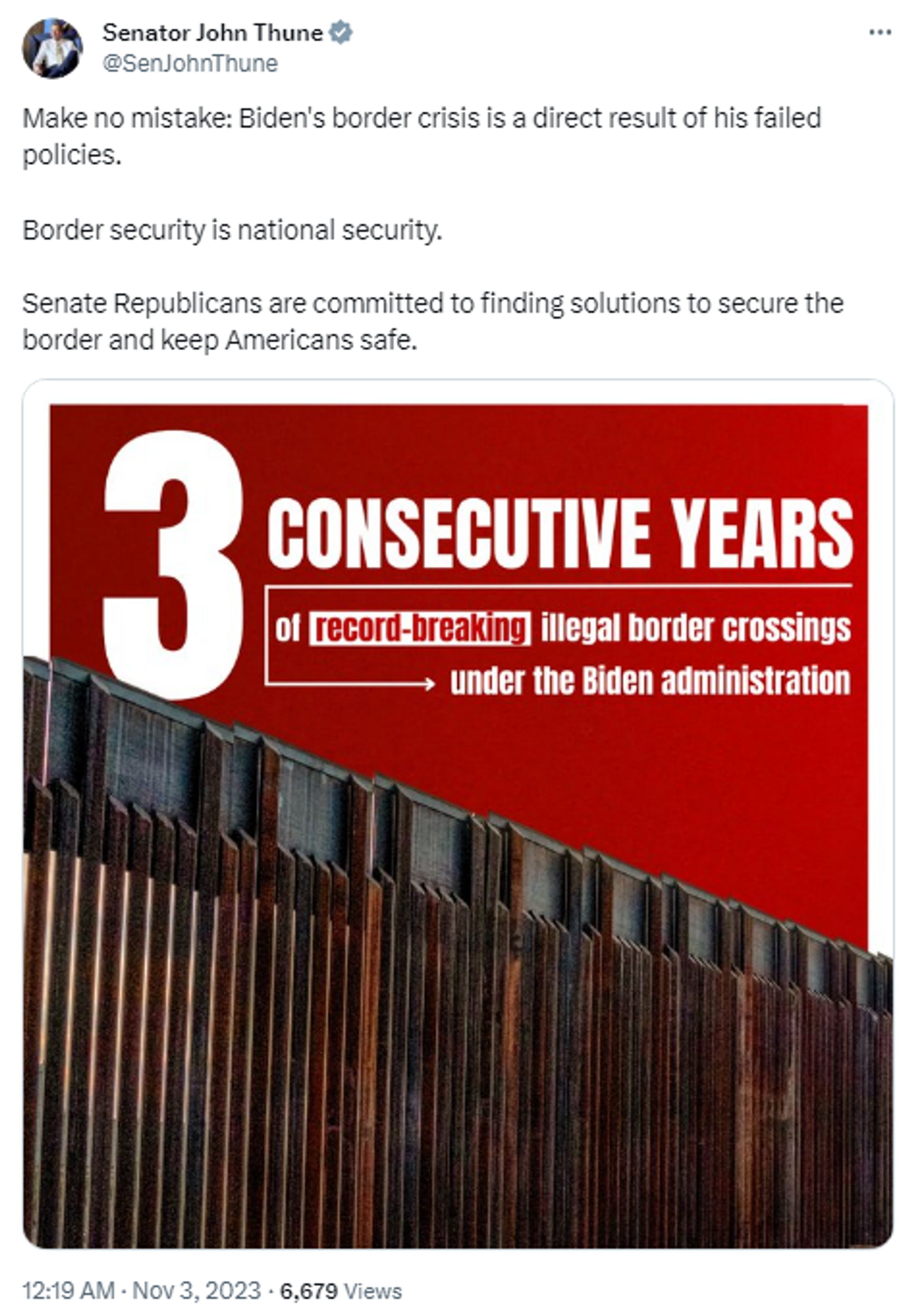 Screengrab of X post by US Senator John Thune (R-SD). - Sputnik International, 1920, 07.11.2023