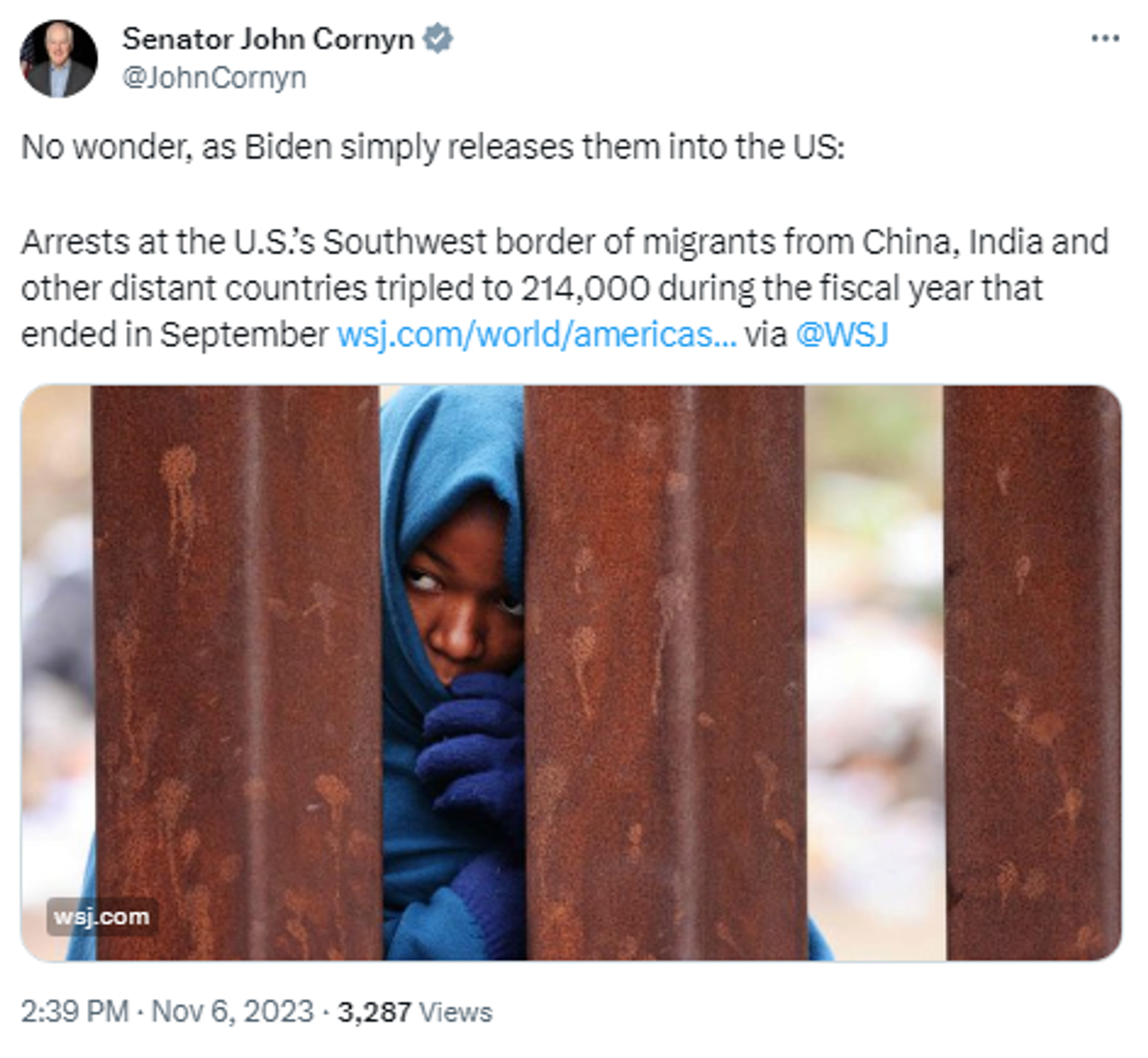 Screengrab of X post by US Senator John Cornyn (R-TX). - Sputnik International, 1920, 07.11.2023