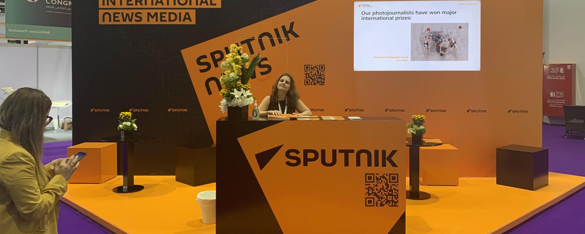 A view shows a stall of Rossiya Segodnya International Information Agency under the brand Sputnik during the Global Media Congress in Abu Dhabi, United Arab Emirates - Sputnik International, 1920, 28.05.2024
