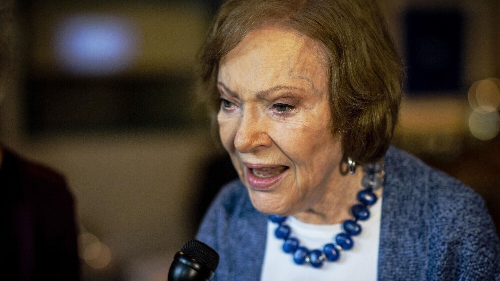 The former First Lady Rosalynn Carter speaks to the press at conference at The Carter Center on Tuesday, Nov. 5, 2019, in Atlanta. Carter enjoyed a light lunch in the audience as a panel discussion led by Judy Woodruff, anchor of PBS NewsHour, took center stage. The former First Lady made remarks about her upbringing as a caregiver and the health of her husband, former President Jimmy Carter.  - Sputnik International, 1920, 19.11.2023