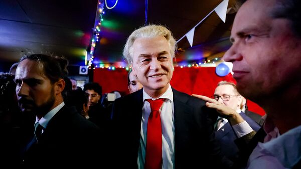 PVV leader Geert Wilders reacts to the results of the House of Representatives elections in Scheveningen, the Netherlands, 22 November 2023.  - Sputnik International