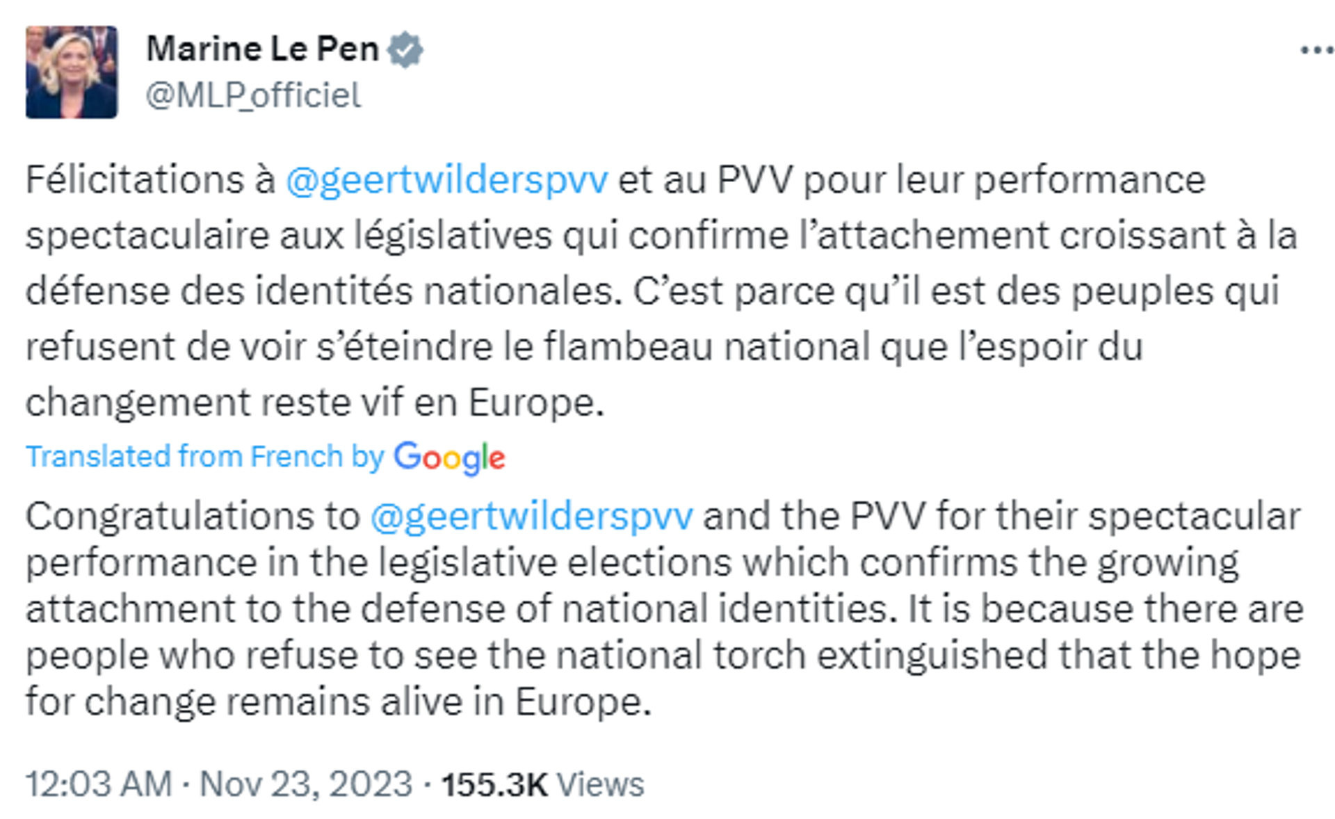 Screenshot of X post by French right-wing leader Marine Le Pen. - Sputnik International, 1920, 23.11.2023