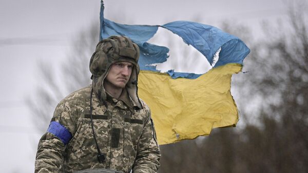 A Ukrainian serviceman is backdropped by his country's flag while standing on a tank - Sputnik International