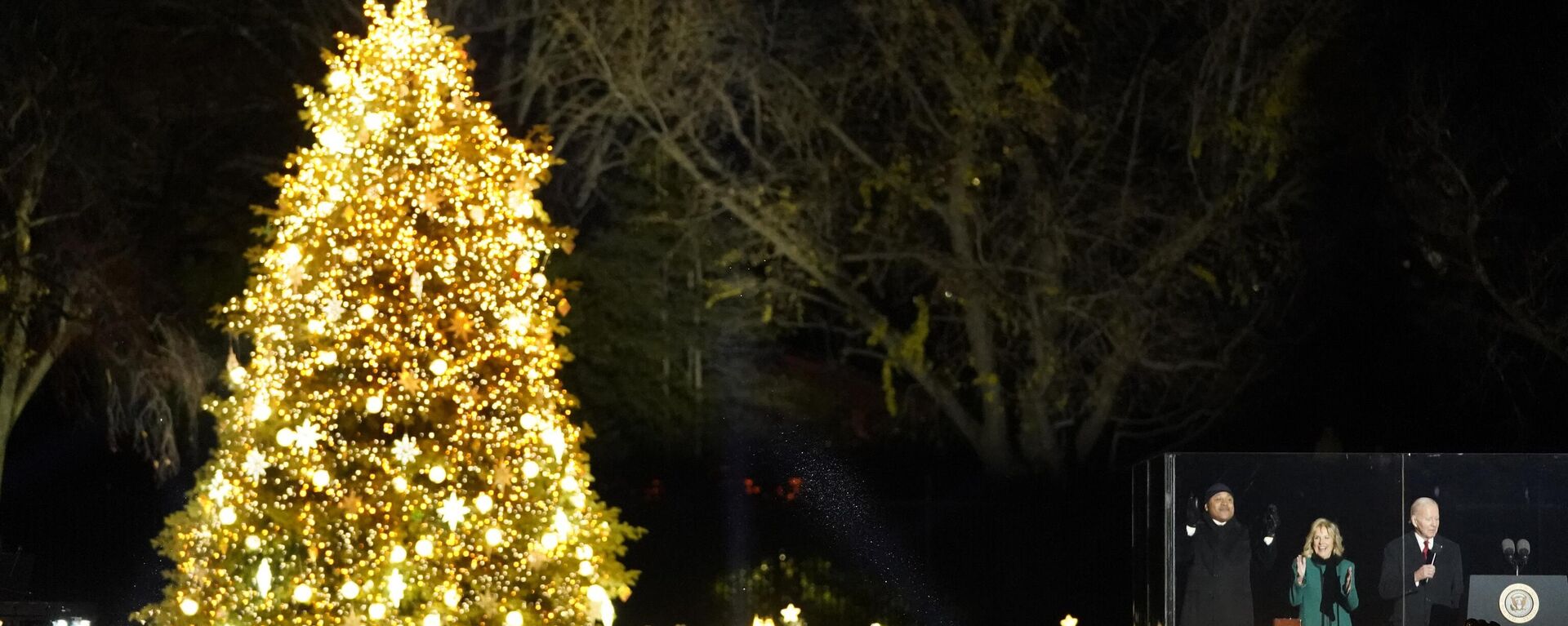 President Joe Biden, first lady Jill Biden, and LL Cool J react after lighting the National Christmas Tree on the Ellipse, near the White House in Washington, Wednesday, Nov. 30, 2022.  - Sputnik International, 1920, 07.12.2023