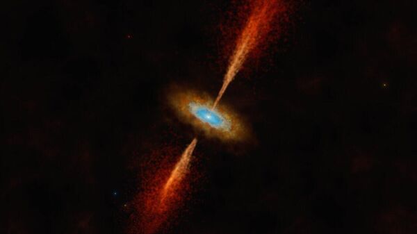 This artist’s impression shows the HH 1177 system, which is located in the Large Magellanic Cloud, a neighbouring galaxy of our own. The young and massive stellar object glowing in the centre is collecting matter from a dusty disc while also expelling matter in powerful jets. Using the Atacama Large Millimeter/submillimeter Array (ALMA), in which ESO is a partner, a team of astronomers managed to find evidence for the presence of this disc by observing its rotation. This is the first time a disc around a young star — the type of disc identical to those forming planets in our own galaxy — has been discovered in another galaxy. - Sputnik International