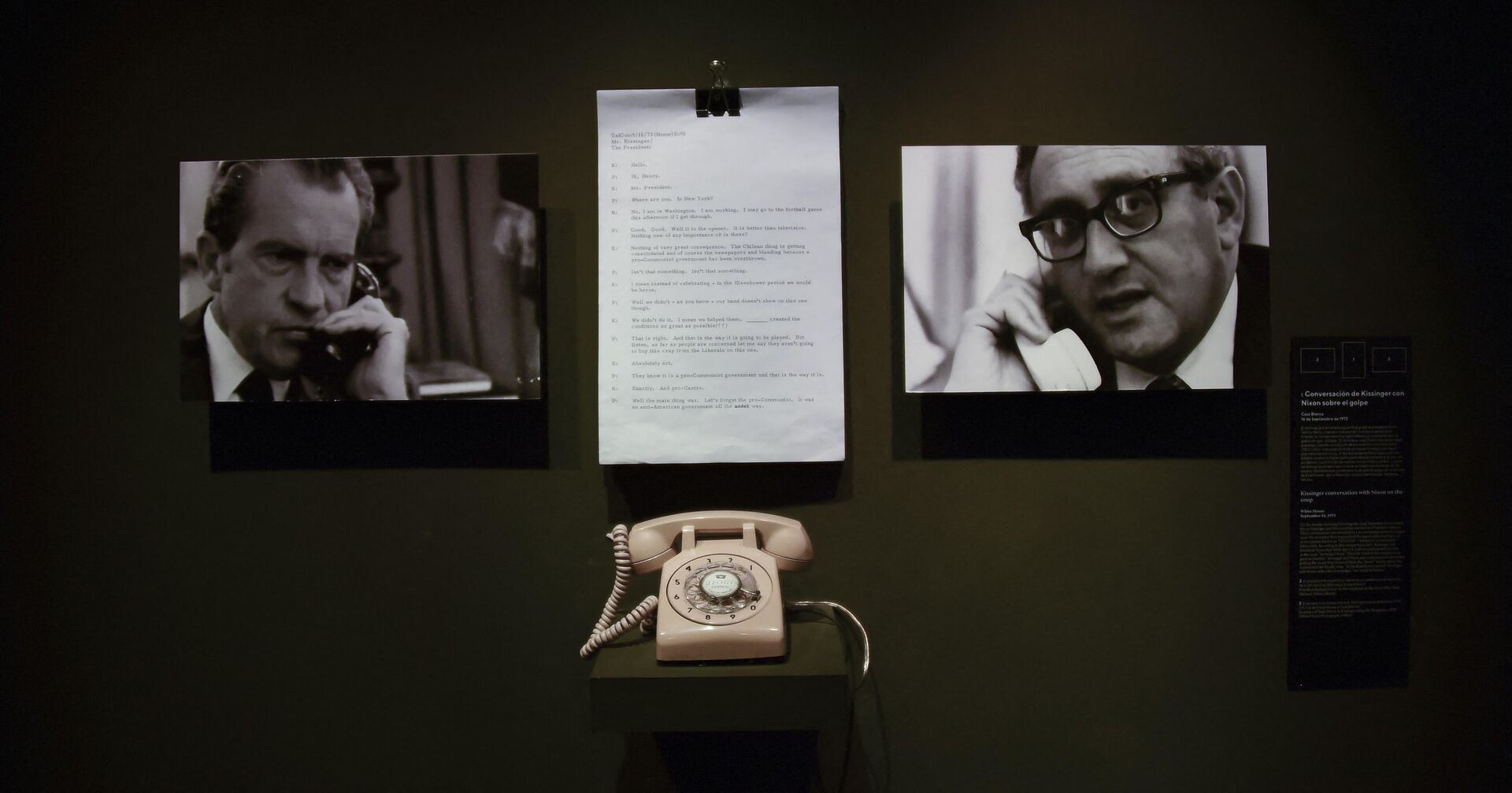 View of pictures of late former US President Richard Nixon and former US Secretary of State Henry Kissinger displayed at the Museum of Memory and Human Rights during Secrets of State: the Declassified History of the Chilean Dictatorship exhibition in Santiago on October 24, 2017. The exhibition presents the history of the Chilean dictatorship through a series of declassified documents curated by Peter Kornbluh -- National Security Archive senior analyst who has played a fundamental role in the campaign to declassify 23,000 archives of the CIA, NSC, FBI, White House and the State Department of Defence.
Martin BERNETTI / AFP - Sputnik International, 1920, 30.11.2023
