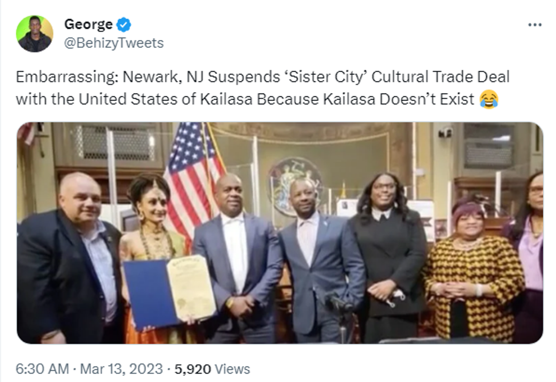 Screenshot of X post reportedly showing Newark,  New Jersey, officials partnering with the Hindu nation of the 'United States of Kailasa.' - Sputnik International, 1920, 01.12.2023