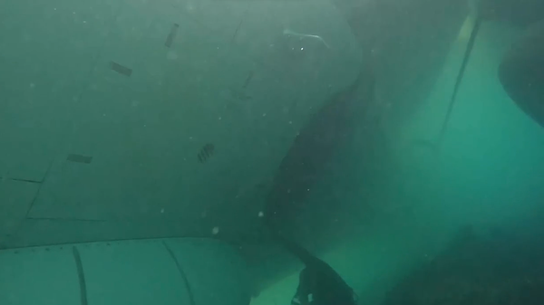 A still from underwater footage of a crashed P-8A Poseidon maritime patrol aircraft in shallow water off the coast of Hawaii. The aircraft overshot the runway during a November 20, 2023, landing in bad weather, and the Navy has begun a salvage operation to retrieve the airliner-sized jet. - Sputnik International