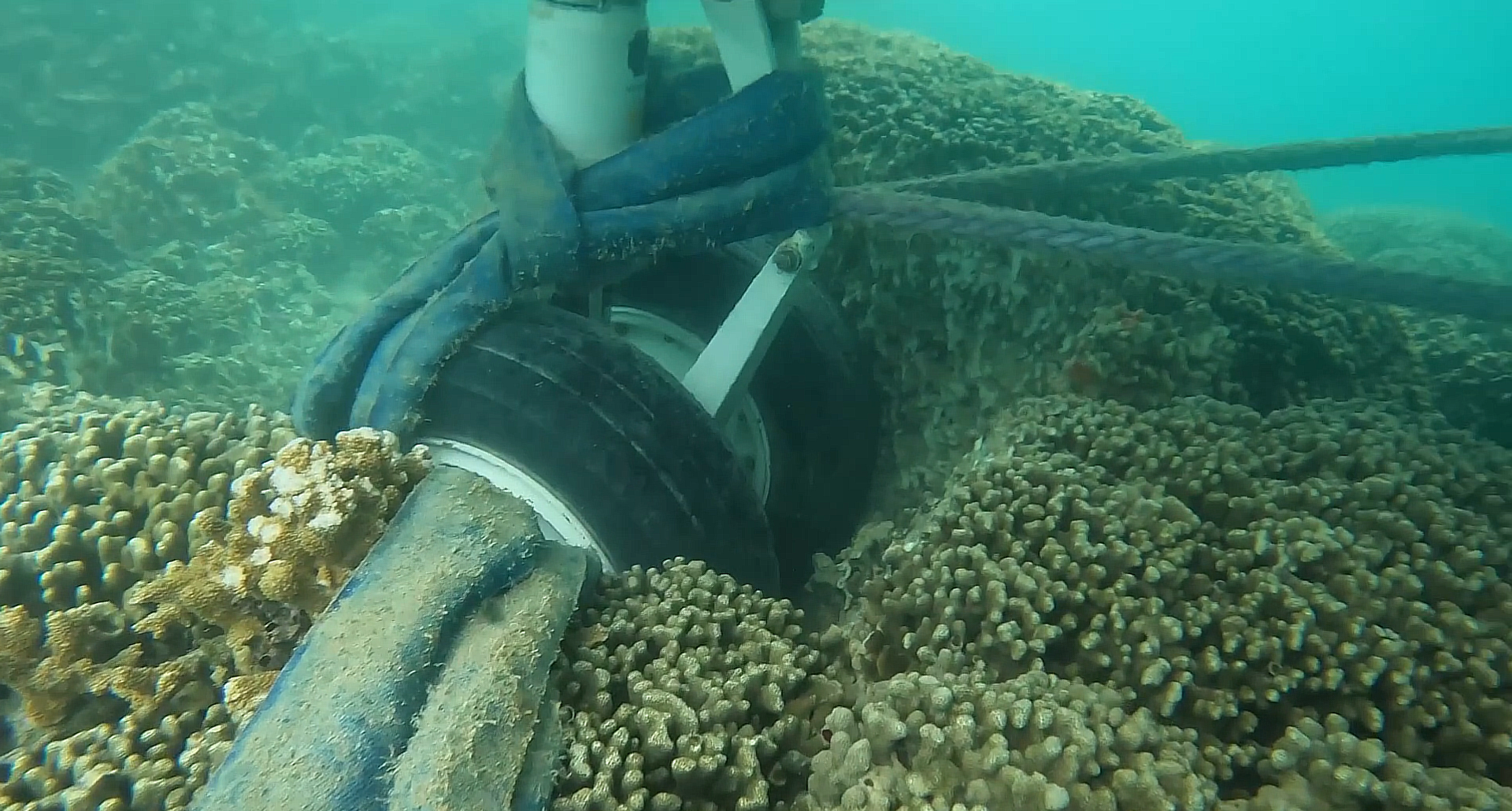 A still from underwater footage of a crashed P-8A Poseidon maritime patrol aircraft in shallow water off the coast of Hawaii. Its wheels have punched a deep gash in the coral. The aircraft overshot the runway during a November 20, 2023, landing in bad weather, and the Navy has begun a salvage operation to retrieve the airliner-sized jet. - Sputnik International, 1920, 01.12.2023