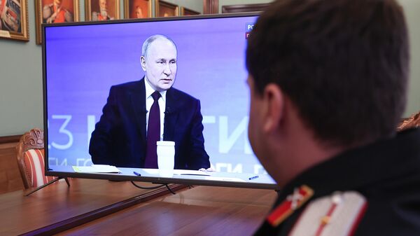 Russian President Vladimir Putin's direct line and annual press conference on 14 December, 2023. - Sputnik International