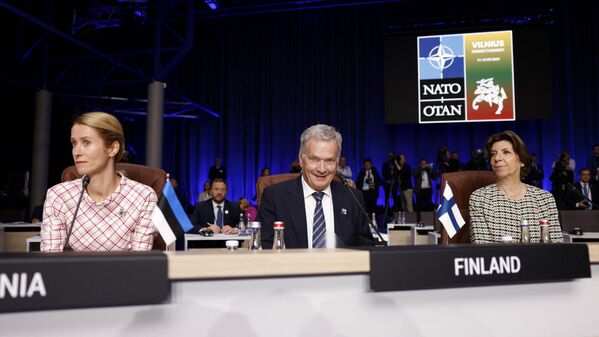 The hawkish NATO block keeps expanding eastward thus undermining promises long ago and encircling Russia with US military bases. This year Finland became the 31st alliance member, with Sweden remaining a formal NATO candidate. (Estonia&#x27;s Prime Minister Kaja Kallas, Finland&#x27;s President Sauli Niinisto and France&#x27;s Foreign Minister Catherine Colonna attend a meeting of the North Atlantic Council (NAC) with Asia Pacific Partners during the NATO Summit in Vilnius on July 12, 2023). - Sputnik International