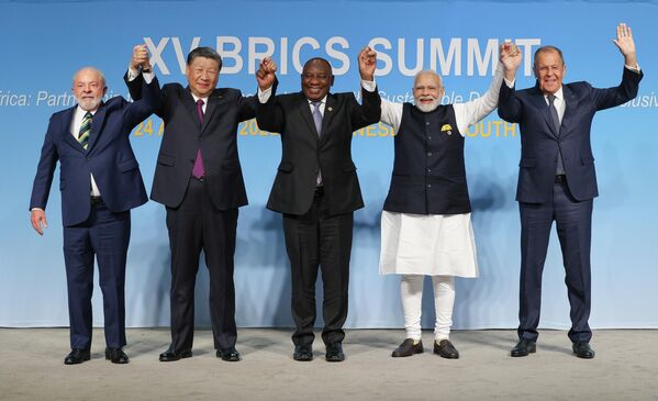 This year’s BRICS Summit witnessed a new development stage as the group ratified its historic enlargement. The number of full members is to double in 2024, and to include Argentina, Egypt, Ethiopia, Iran, Saudi Arabia, and United Arab Emirates. (Brazilian President Lula da Silva, Chinese Leader Xi Jinping, South African President Cyril Ramaphosa, Indian PM Narendra Modi, and Russian Foreign Minister Sergey Lavrov at a photography session for BRICS heads of delegation in Johannesburg, South Africa). - Sputnik International