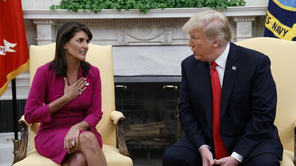 President Donald Trump meets with outgoing U.S. Ambassador to the United Nations Nikki Haley in the Oval Office of the White House, Tuesday, Oct. 9, 2018, in Washington. - Sputnik International