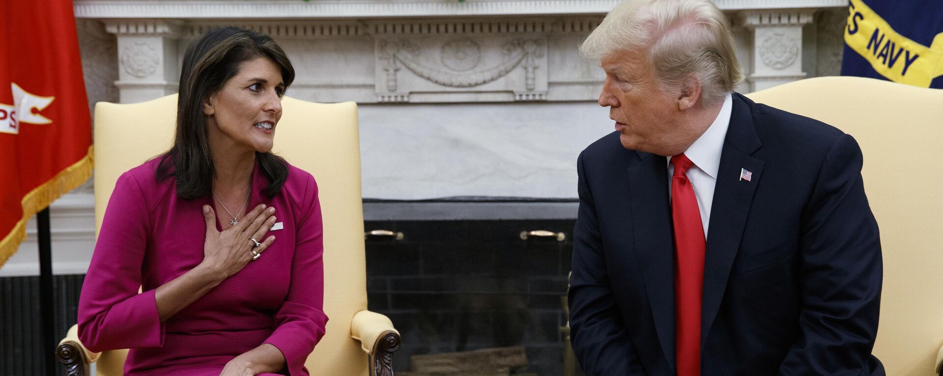 President Donald Trump meets with outgoing U.S. Ambassador to the United Nations Nikki Haley in the Oval Office of the White House, Tuesday, Oct. 9, 2018, in Washington. - Sputnik International, 1920, 12.01.2024