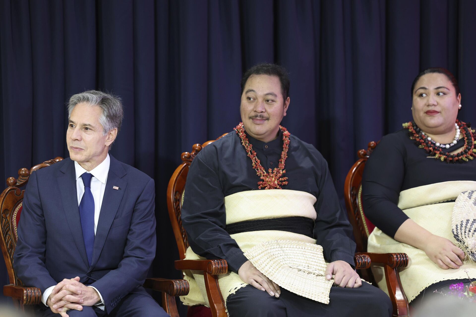 From left, U.S. Secretary of State Antony Blinken, Tonga's Crown Prince Tupouto'a 'Ulukalala and Crown Princess Sinaitakala attend the dedication of the new U.S. Embassy in Nuku'alofa, Tonga Wednesday, July 26, 2023. Blinken visited the tiny kingdom of Tonga on Wednesday, as the United States continues to increase its diplomatic efforts in the Pacific while China's influence in the region grows. - Sputnik International, 1920, 26.12.2023