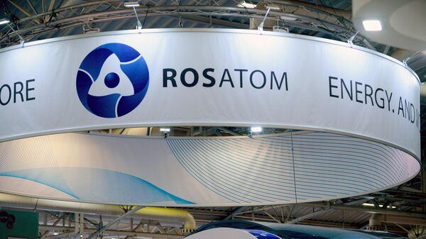 A picture taken on June 28, 2016 shows the logo of Russian atomic energy agency Rosatom during the World Nuclear Exhibition in Le Bourget, near Paris - Sputnik International