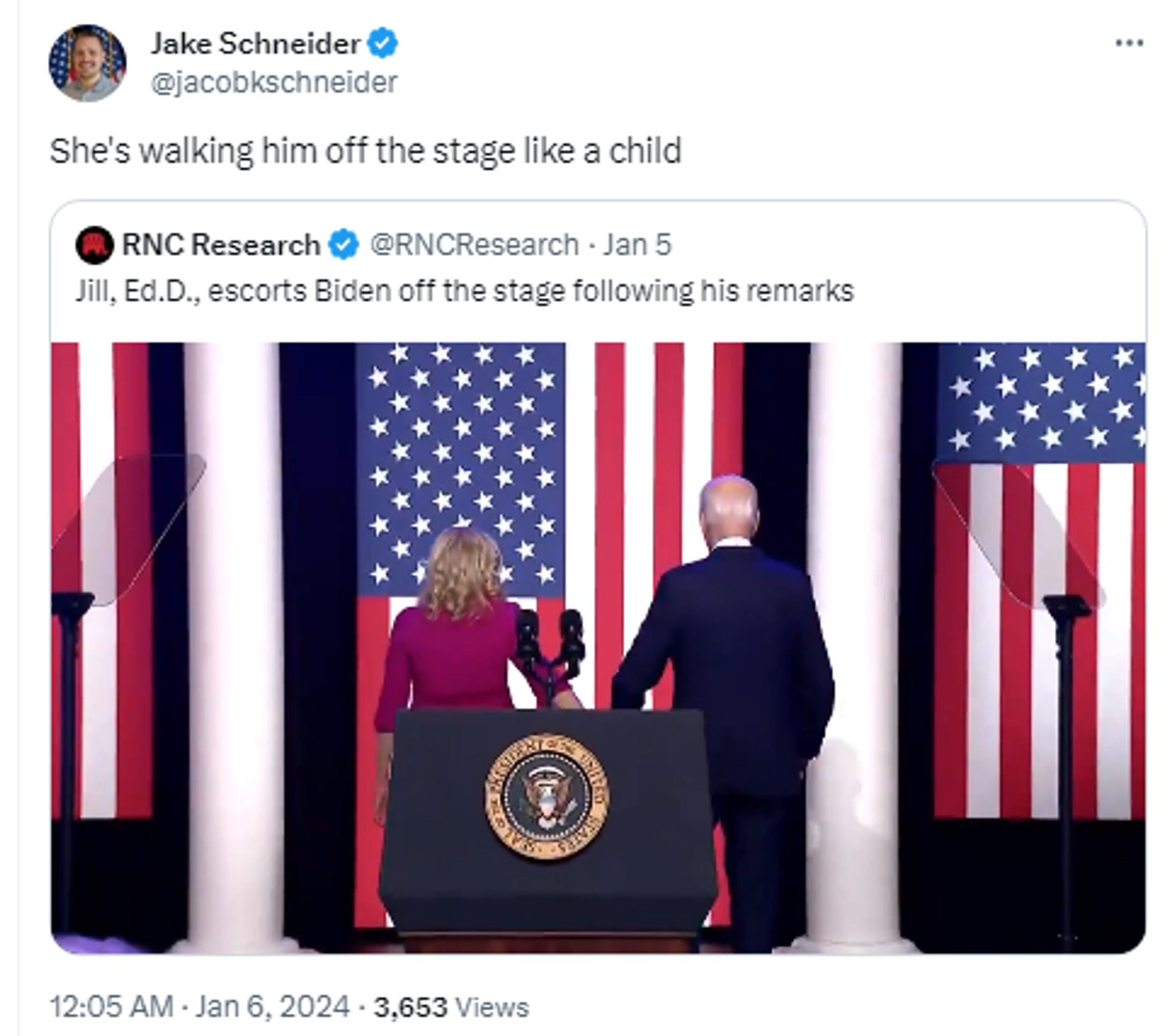 Screenshot of X post by RNC Research’s Jake Schneider showing US President Joe Biden being led off the stage by first lady Jill Biden. - Sputnik International, 1920, 07.01.2024