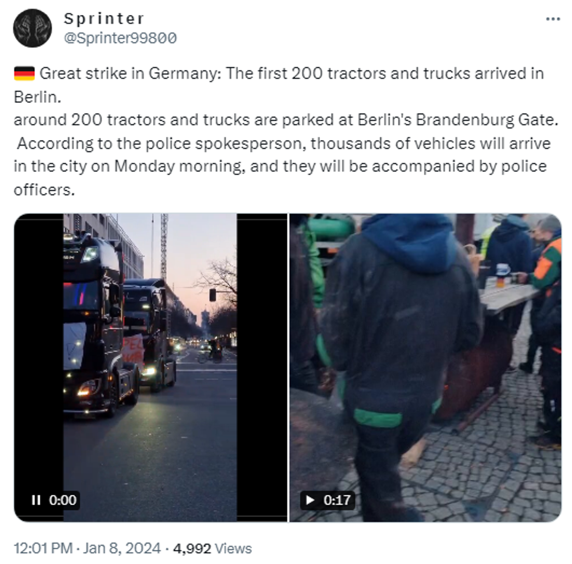 Screenshot of X post showing tractors approaching the Brandenburg Gate, Berlin, as German farmers protests against a cut in vehicle tax subsidies on Hanuary 8, 2024. - Sputnik International, 1920, 08.01.2024