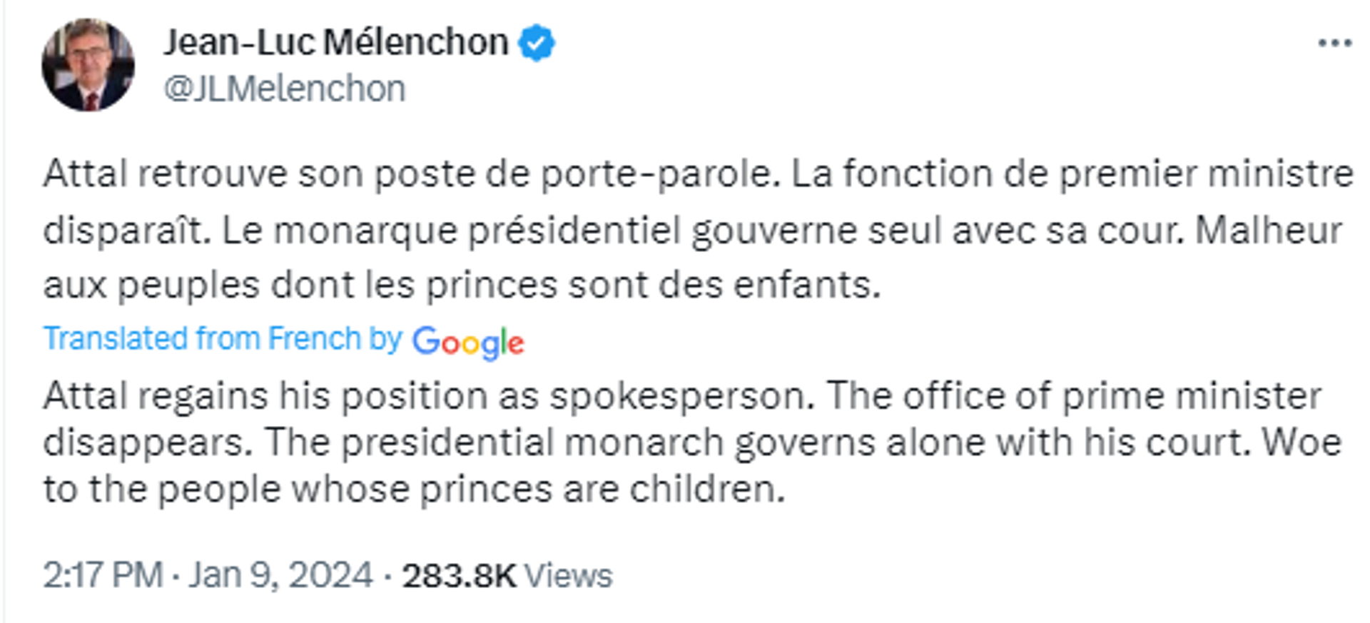 Screenshot of X post by French politician Jean-Luc Melenchon. - Sputnik International, 1920, 09.01.2024