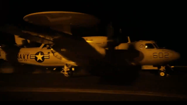 An X screenshot of a US Navy plane taking part in in the January 11, 2024 air strikes on Houthi targets in Yemen, conducted by the US and the UK.  - Sputnik International